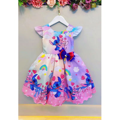 Vestido Infantil Lilo Stitch e Angel Apaixonados Colorido