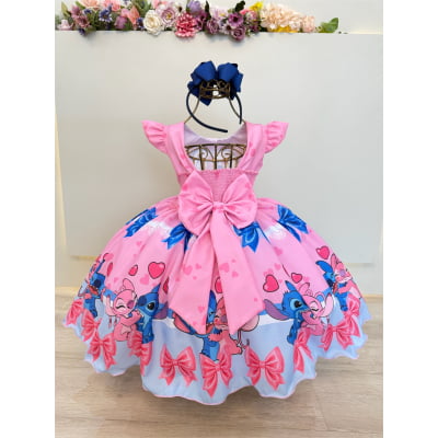 Vestido Infantil Lilo Stitch e Angel Rosa Festas