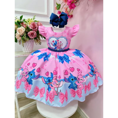 Vestido Infantil Lilo Stitch e Angel Rosa Festas