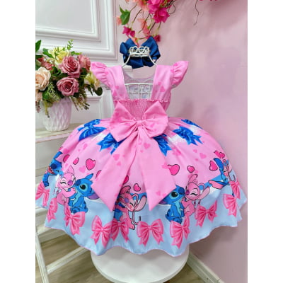 Vestido Infantil Lilo Stitch e Angel Rosa Festas