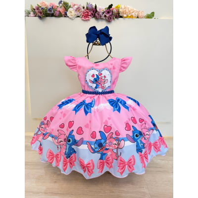 Vestido Infantil Lilo Stitch e Angel Rosa Festas