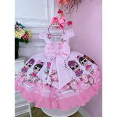 Vestido Infantil Lol Rosa Flores e Cinto de Pérolas Luxo