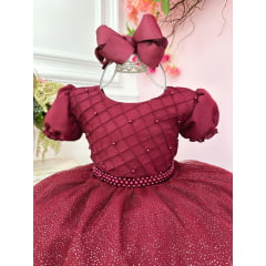 Vestido Infantil Marsala Busto Nervura C/ Pérolas Festas