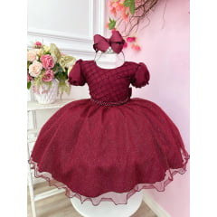 Vestido Infantil Marsala Busto Nervura C/ Pérolas Festas