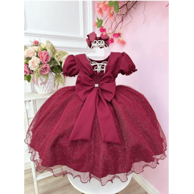 Vestido Infantil Marsala Busto Nervura C/ Pérolas Festas