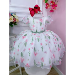 Vestido Infantil Off White Flores Tulipas e Cinto de Pérolas
