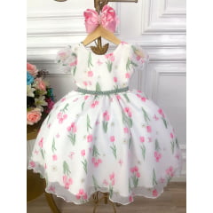 Vestido Infantil Off White Flores Tulipas e Cinto de Pérolas