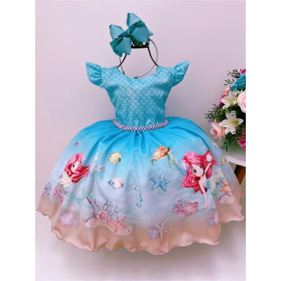Vestido Infantil Pequena Sereia Fundo do Mar Escamas Luxo