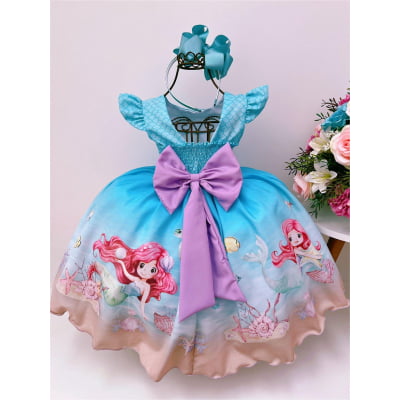Vestido Infantil Pequena Sereia Fundo do Mar Escamas Luxo
