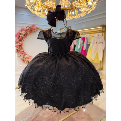 Vestido Infantil Preto Wandinha Saia C/ Glitter Festas