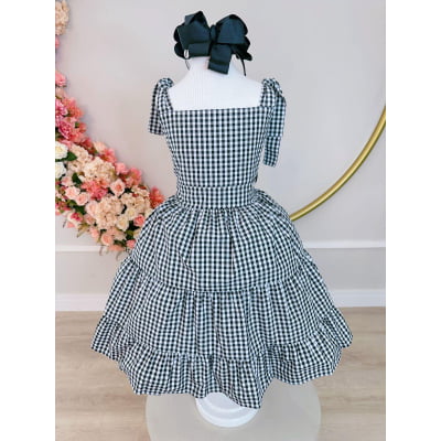 Vestido Infantil Primavera Verão Xadrez Preto e Branco