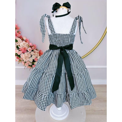 Vestido Infantil Primavera Verão Xadrez Preto e Branco