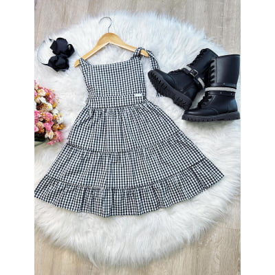 Vestido Infantil Primavera Verão Xadrez Preto e Branco