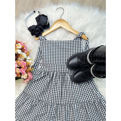 Vestido Infantil Primavera Verão Xadrez Preto e Branco