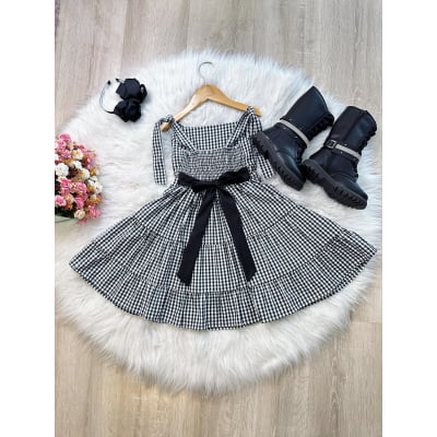 Vestido Infantil Primavera Verão Xadrez Preto e Branco