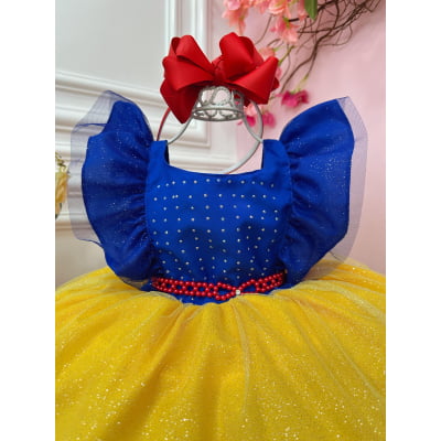 Vestido Infantil Princesa Branca de Neve C/ Babados Strass