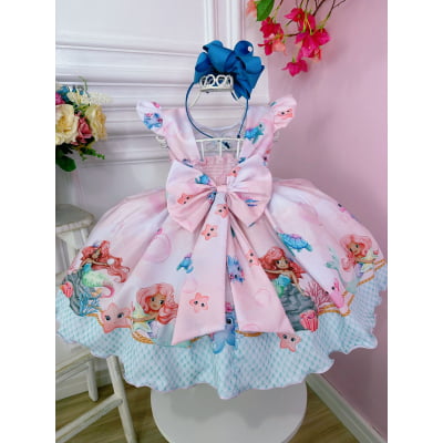 Vestido Infantil Princesa Sereia Ariel e Amigos C/ Pérolas