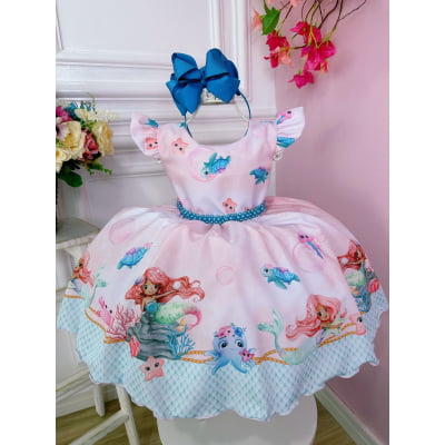 Vestido Infantil Princesa Sereia Ariel e Amigos C/ Pérolas