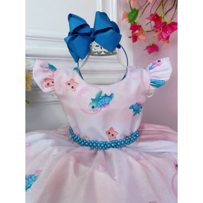 Vestido Infantil Princesa Sereia Ariel e Amigos C/ Pérolas