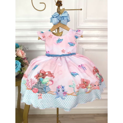 Vestido Infantil Princesa Sereia Ariel e Amigos C/ Pérolas