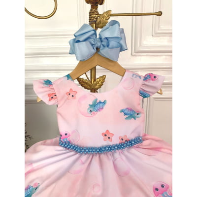 Vestido Infantil Princesa Sereia Ariel e Amigos C/ Pérolas