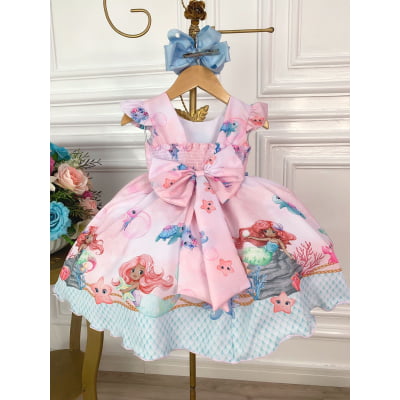 Vestido Infantil Princesa Sereia Ariel e Amigos C/ Pérolas