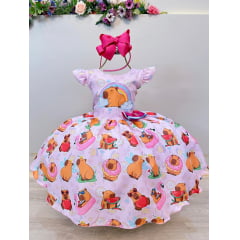 Vestido Infantil Rosa Capivara Doces Festas Aniversários