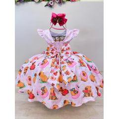Vestido Infantil Rosa Capivara Doces Festas Aniversários