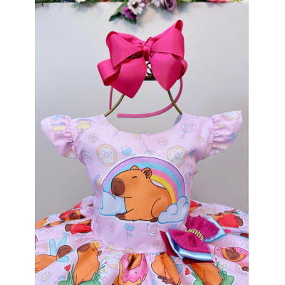 Vestido Infantil Rosa Capivara Doces Festas Aniversários