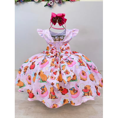 Vestido Infantil Rosa Capivara Doces Festas Aniversários