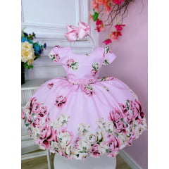 Vestido Infantil Rosa Florido Primavera Com Cinto de Pérolas