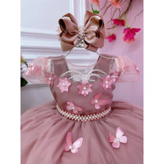 Vestido Infantil Rose C/ Aplique Flores Borboletas e Pérolas