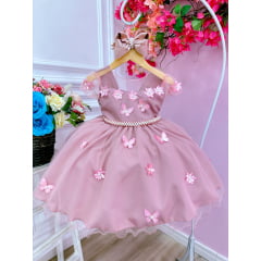 Vestido Infantil Rose C/ Aplique Flores Borboletas e Pérolas