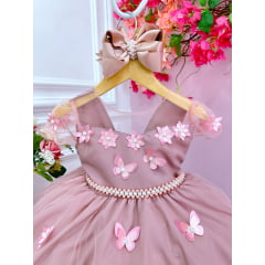 Vestido Infantil Rose C/ Aplique Flores Borboletas e Pérolas