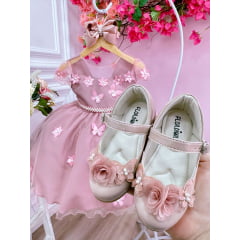 Vestido Infantil Rose C/ Aplique Flores Borboletas e Pérolas