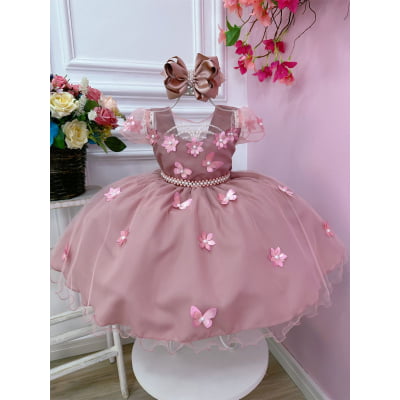 Vestido Infantil Rose C/ Aplique Flores Borboletas e Pérolas