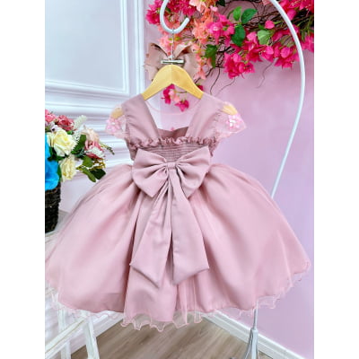 Vestido Infantil Rose C/ Aplique Flores Borboletas e Pérolas