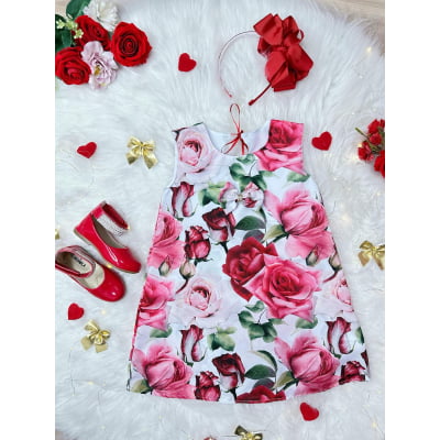 Vestido Infantil Trapézio Branco Florido de Rosas Festas