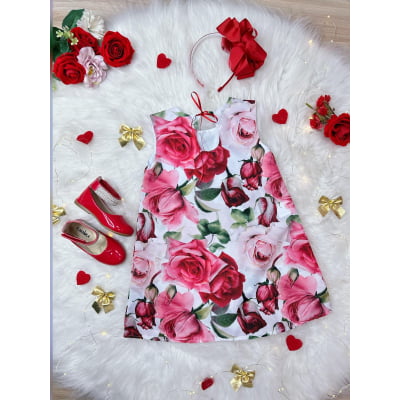 Vestido Infantil Trapézio Branco Florido de Rosas Festas