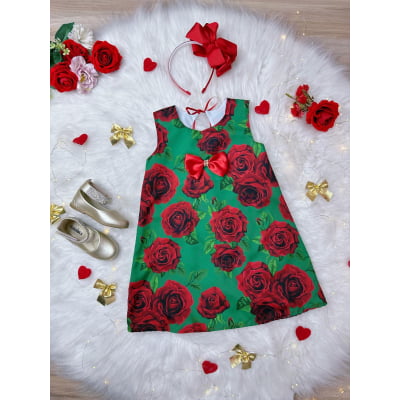 Vestido Infantil Trapézio Verde Florido de Rosas Natal Festa