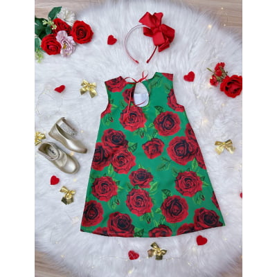 Vestido Infantil Trapézio Verde Florido de Rosas Natal Festa