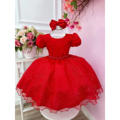 Vestido Infantil Vermelho Busto Nervura C/ Pérolas Festas