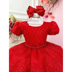 Vestido Infantil Vermelho Busto Nervura C/ Pérolas Festas