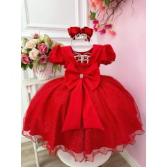 Vestido Infantil Vermelho Busto Nervura C/ Pérolas Festas