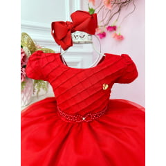 Vestido Infantil Vermelho Busto Nervura Cinto Pérolas Festas