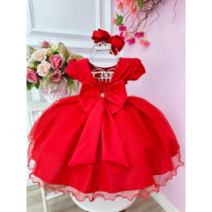 Vestido Infantil Vermelho Busto Nervura Cinto Pérolas Festas