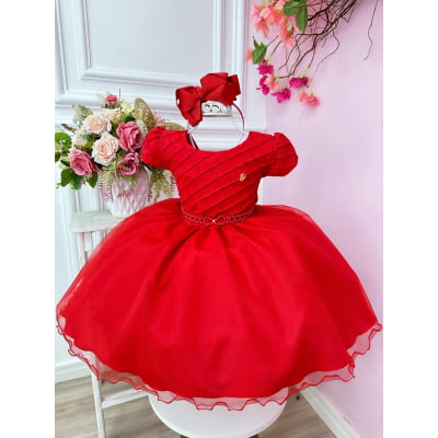 Vestido Infantil Vermelho Busto Nervura Cinto Pérolas Festas