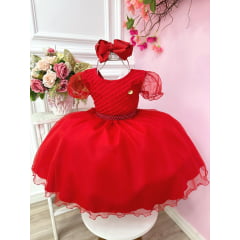 Vestido Infantil Vermelho Busto Plissado Cinto Pérolas Festas