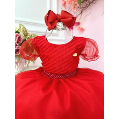 Vestido Infantil Vermelho Busto Plissado Cinto Pérolas Festas