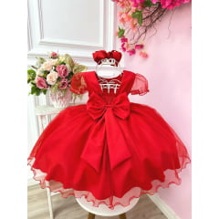 Vestido Infantil Vermelho Busto Plissado Cinto Pérolas Festas